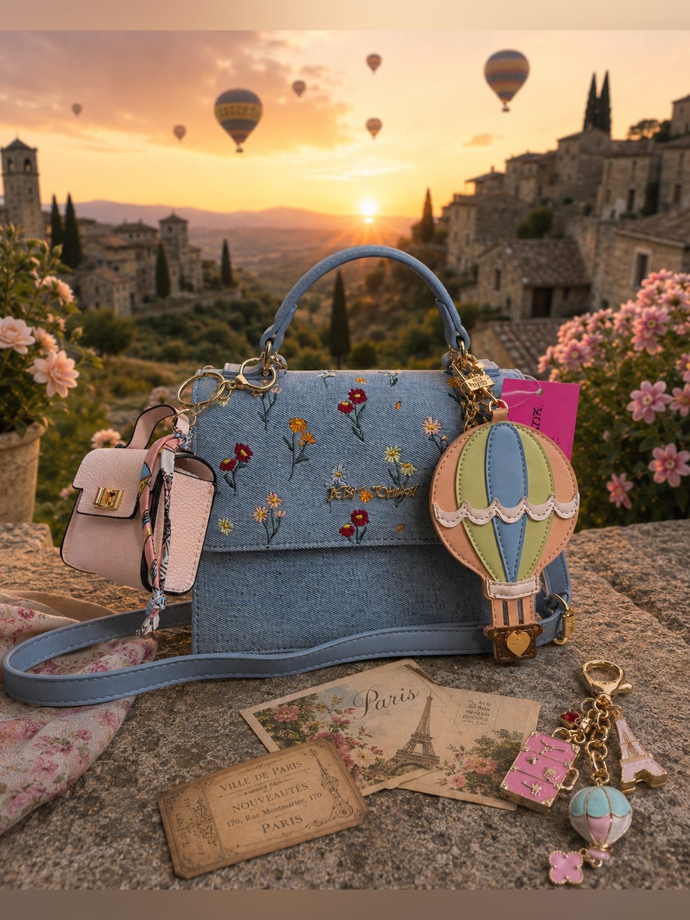 Betsey Johnson Floral Denim Crossbody Hot Air Balloon Charm +  2 bonus charms